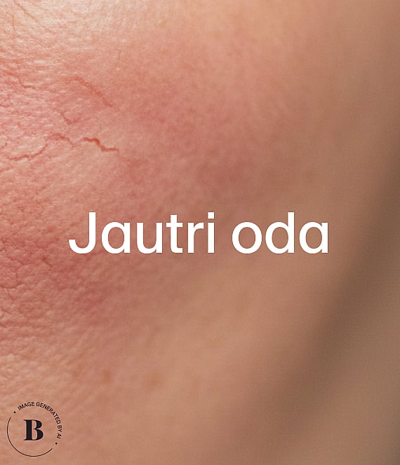 Odos stambus planas su matomomis raudonomis venomis ir paraudimu. Baltu tekstu užrašyta "Känslig hy".