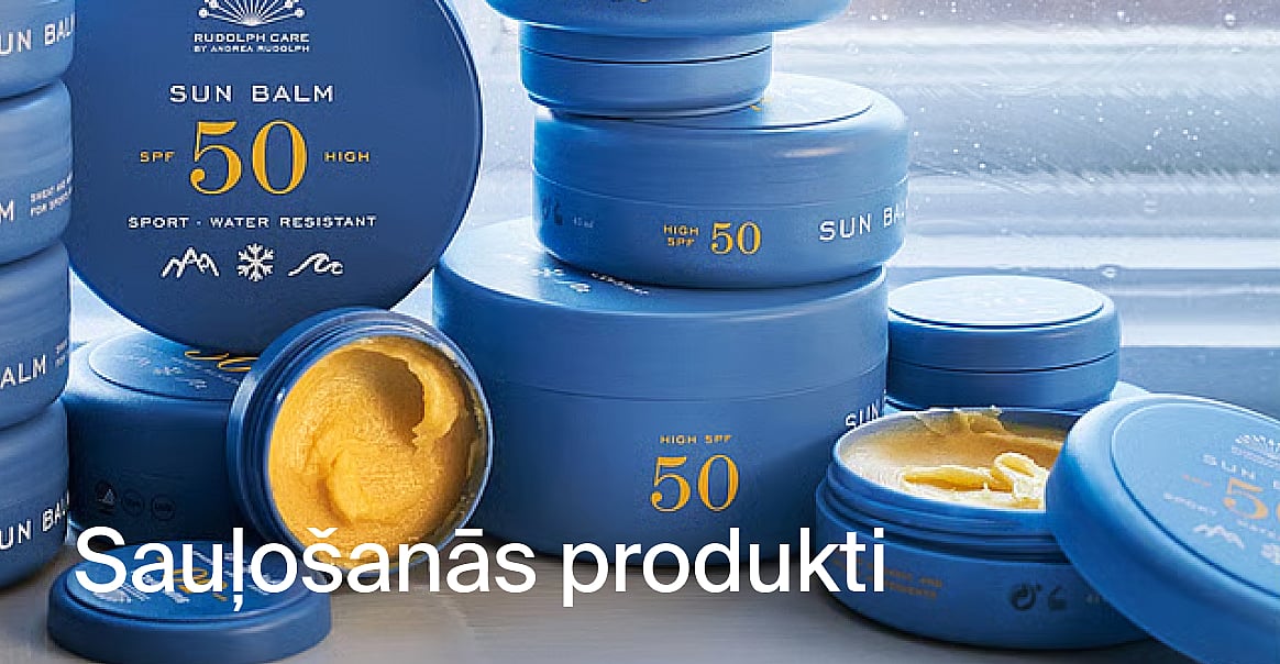 Blue Rudolph Care Saules balzama SPF 50 iepakojumi, daži atvērti ar dzeltenu balzamu. Uzraksts "Solprodukter".
