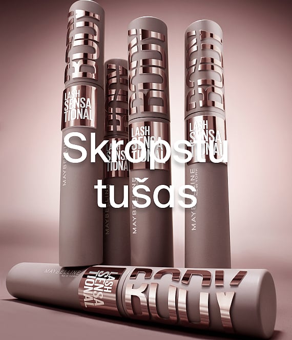 Melnu skropstu tušu tūbiņas un aplikatori, izkārtoti uz gaišas virsmas, daži uz marmora paliktņiem. Uzlikts teksts "Skropstu tuša".