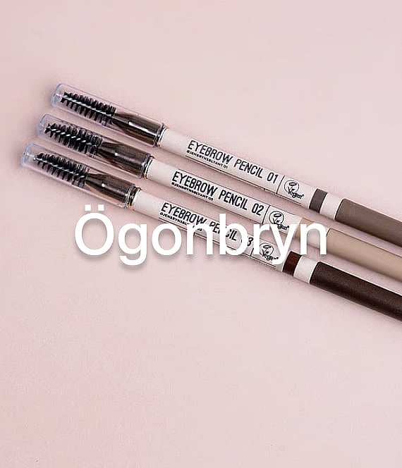 Två vita IDUN ögonbrynsgeler på en ljus yta. En öppen med borste, en stängd. Överlagring: Ögonbryn.
