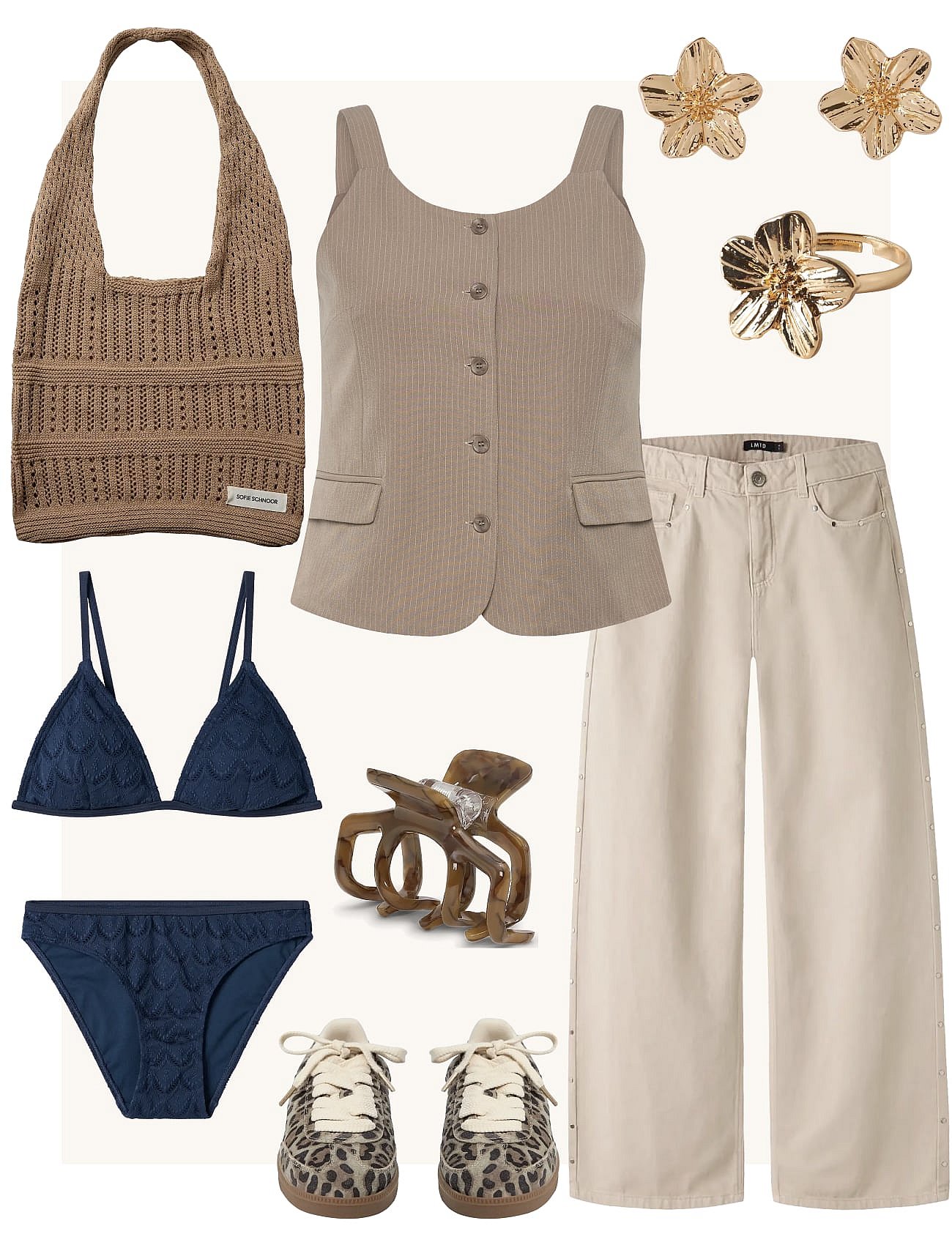 Fashion flat lay: beige vest, pants, knit bag, navy bikini, leopard sneakers, gold flower jewelry, octopus hair claw.