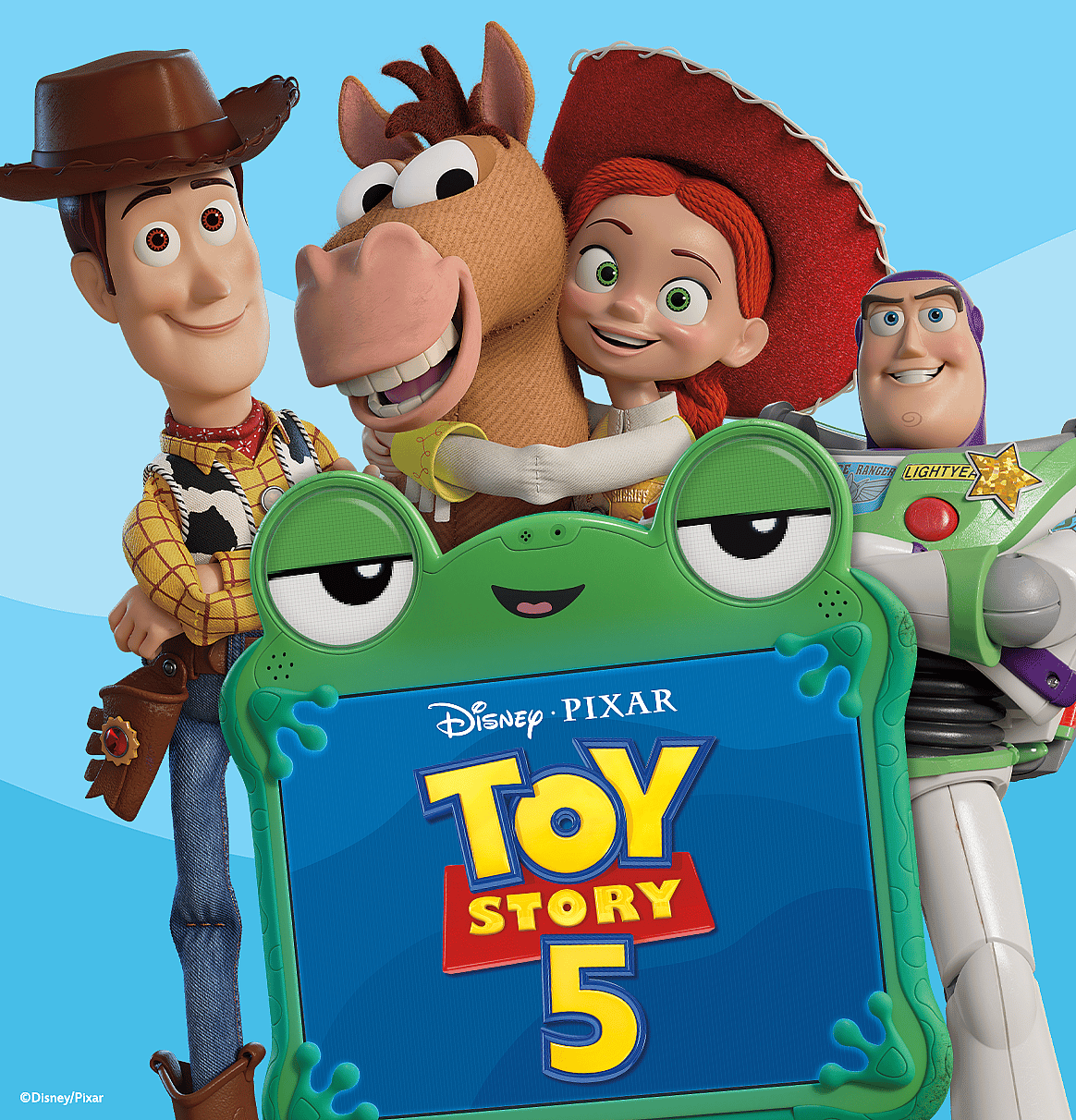 Woody, Bullseye, Jessie, and Buzz Lightyear pose around a green frog sign displaying "Toy Story 5" on a blue background.