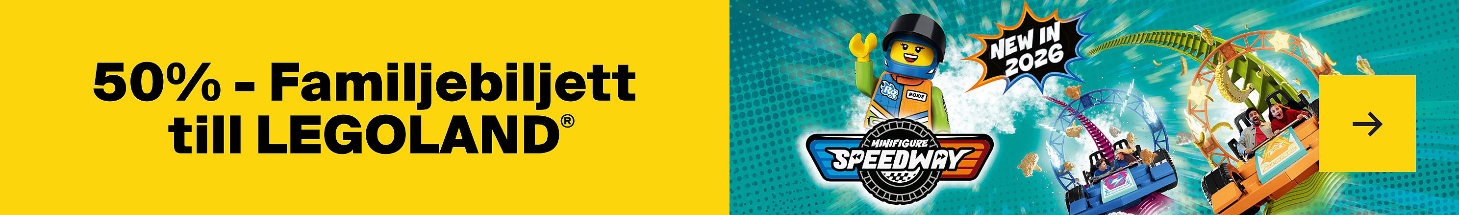 Yellow banner: "50% - Family ticket to LEGOLAND®". Right: Lego minifigure, "Minifigure Speedway" logo, roller coaster, "New