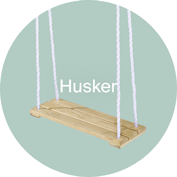 A wooden swing seat with white ropes, "Husker" text, on a light green circular background.