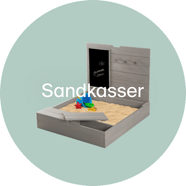 Gray wooden sandbox with sand, colorful toys, a chalkboard, and hooks on the back panel.