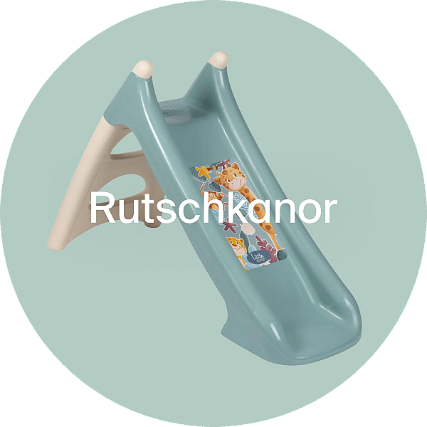 Children's play slide, light blue with beige supports and animal decals, on a solid light green circular background.
