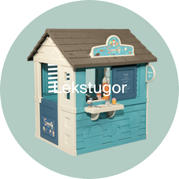 Teal and cream playhouse cafe with brown roof, counter, and chalkboard menu. Text "Lekstugor" overlaid.