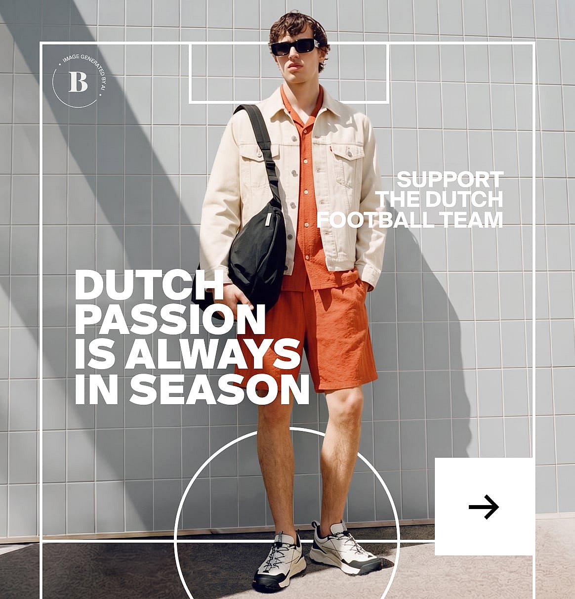 Person in striped shirt and light shorts standing in grass with white fabric. Text: Up to 40% off shorts.