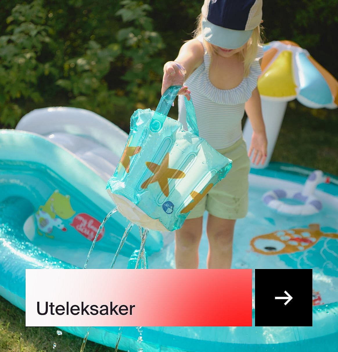 Two smiling children, one blonde in orange sunglasses, inside a green and white inflatable ring. Text: Sommarshop Upp till