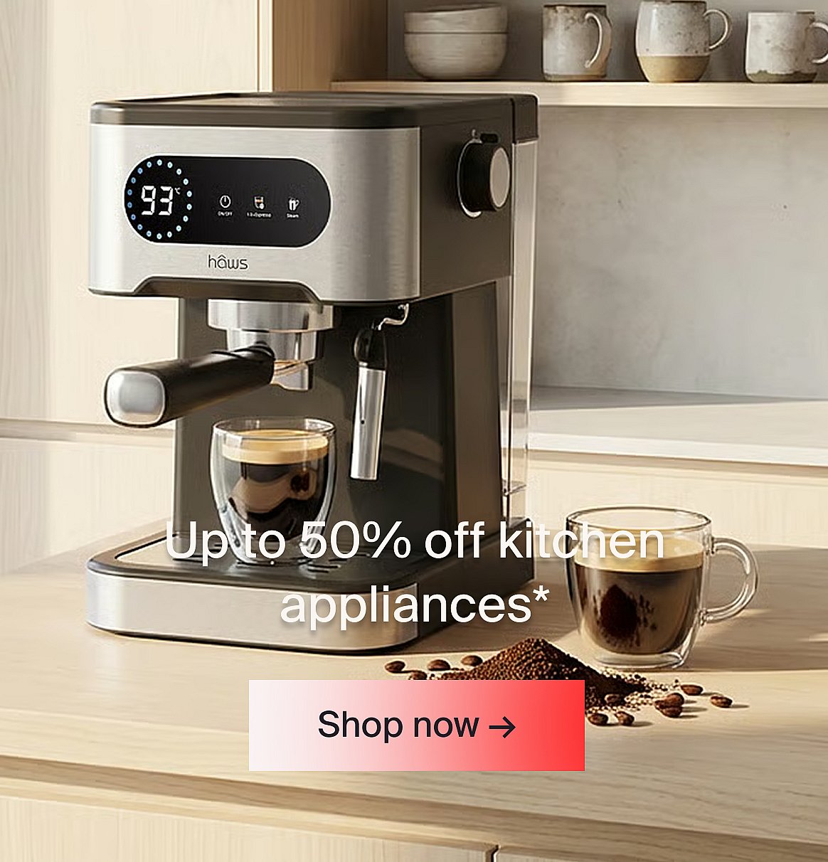 Espresso machine on a kitchen counter with two coffee cups, coffee beans, and text: "Up to 50% off kitchen appliances*