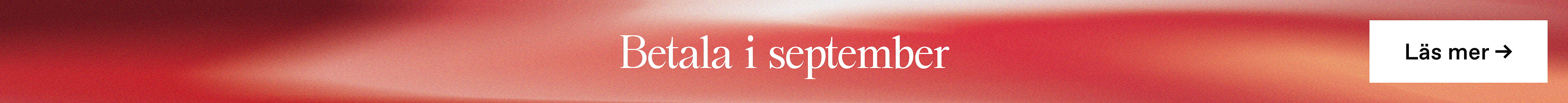 Light blue banner with black text "Betala i september" and a white button "Läs mer →".