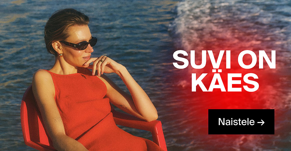 Punases kleidis ja päikeseprillidega naine, käsi lõua all, sinise vee ääres. Tekstid „Suvi on kohal“ ja „Talle →“.