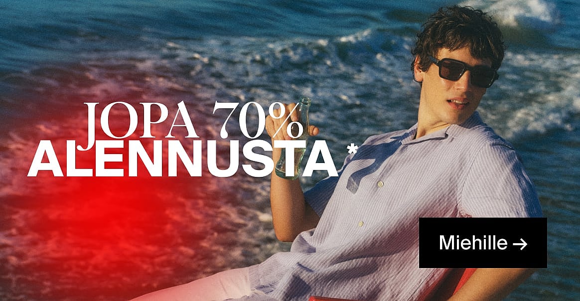 Mies aurinkolaseissa ja raidallisessa paidassa, pullo kädessään, meren rannalla. Teksti: JOPA 70% ETU, Miehille.*