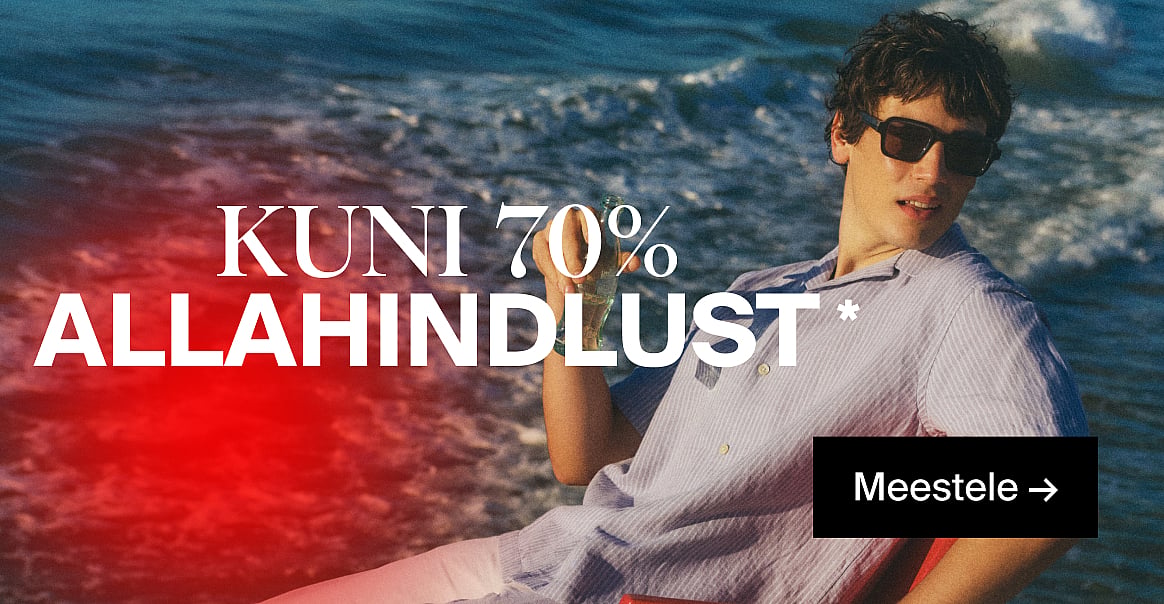 Päikeseprillide ja triibulise särgiga mees, pudel käes, mere ääres. Tekst: KUNI 70% SOODSAMALT, Meestele.*