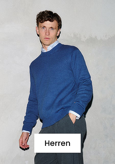 Ein Mann in einem blauen Pullover, einem gestreiften Hemd und einer dunklen Hose steht vor einer grauen Wand. Unten steht der Text „Männer“.