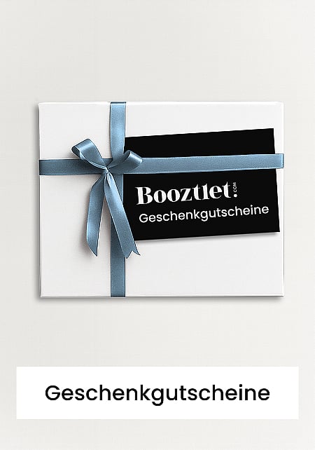 Weiße Geschenkbox mit einer blauen Schleife, in der sich eine schwarze Booztlet.com-Geschenkkarte befindet. Darunter steht der Text „Geschenkkarten“.