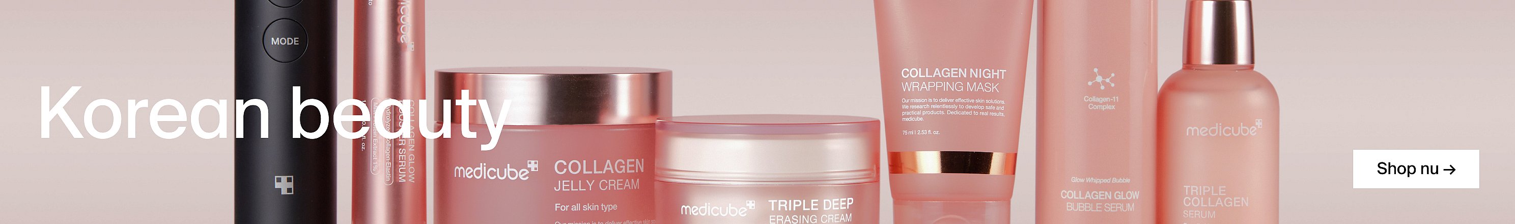 Teksten »Korean beauty« sammen med et sort skønhedsapparat og lyserøde Medicube-hudplejeprodukter på en lyserød baggrund.