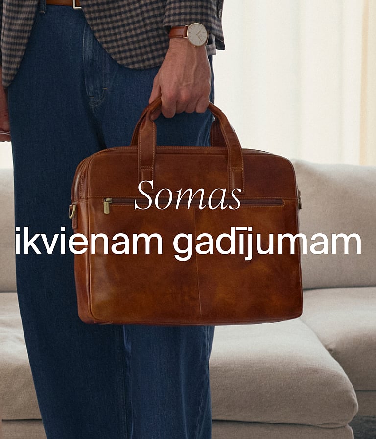 Cilvēks džinsos un rūtota jakā, rokās turot brūnu ādas somu. Uzraksts attēlā: „Somas visām dzīves situācijām”.
