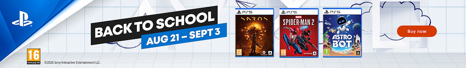 PlayStation "Back to School" promotion, Aug 21-Sept 3, featuring PS5 games Saros, Spider-Man 2, Astro Bot. Buy now button.