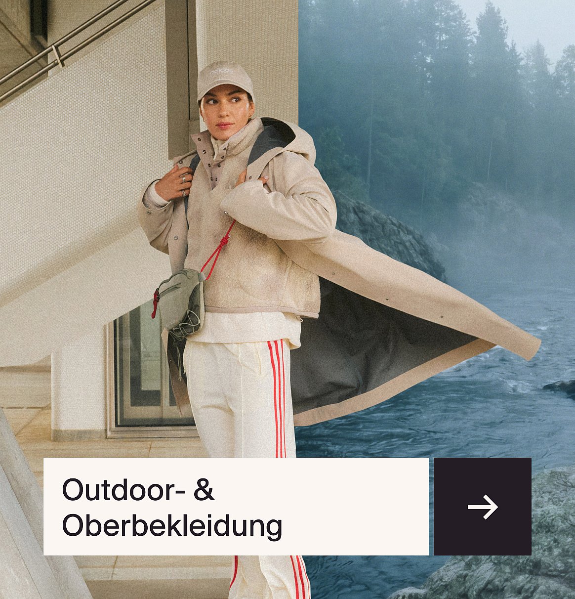 Eine Frau in einer reflektierenden Jacke und einer verspiegelten Sportsonnenbrille, die ihren Arm vor einer leuchtend gelben Wand streckt.