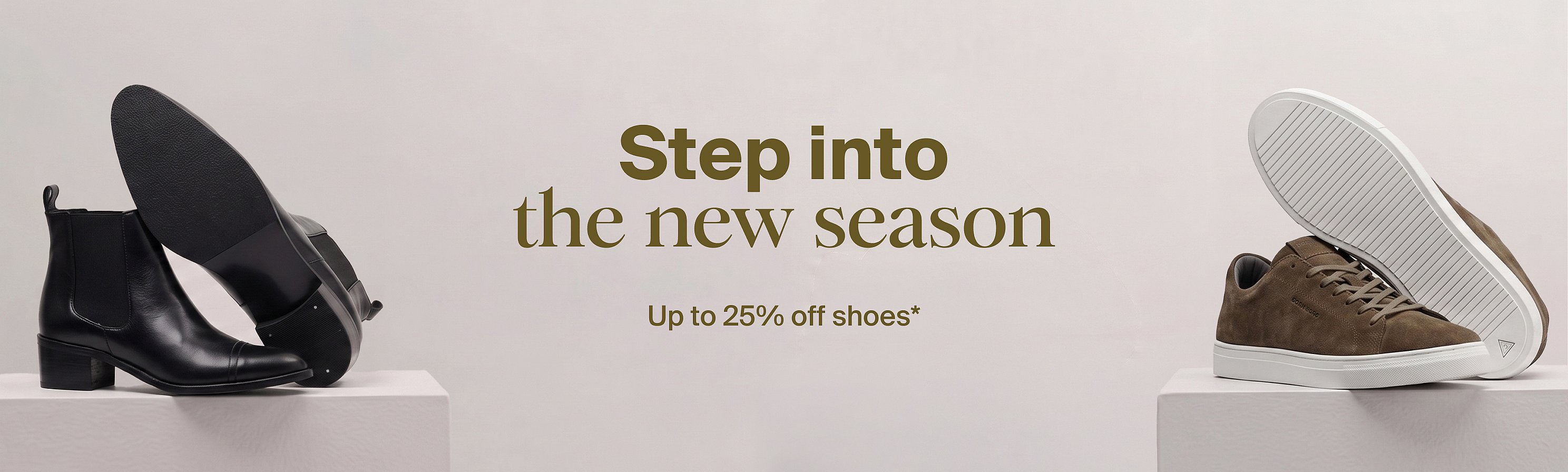 Left: black boot with sole up. Right: brown sneaker with sole up. Text: "Step into the new season. Up to 25% off shoes*".