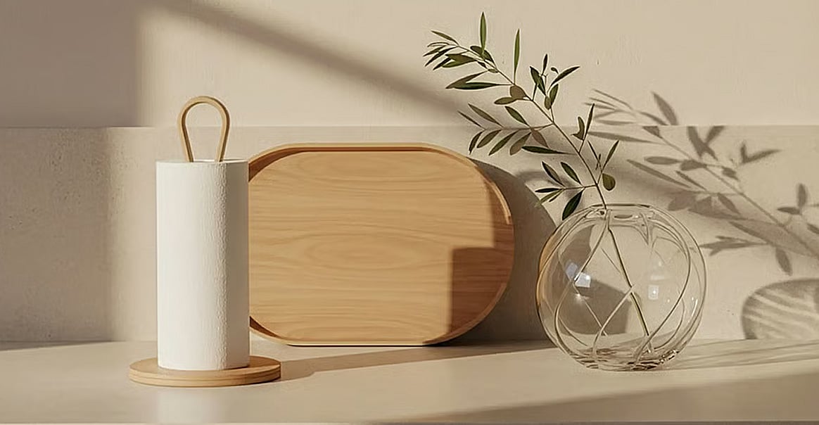 Ein weißer Papierhandtuchhalter, ein Holztablett und eine Glasvase mit einem Pflanzenzweig auf einem beigen Untergrund, mit Sonnenlicht und Schatten.