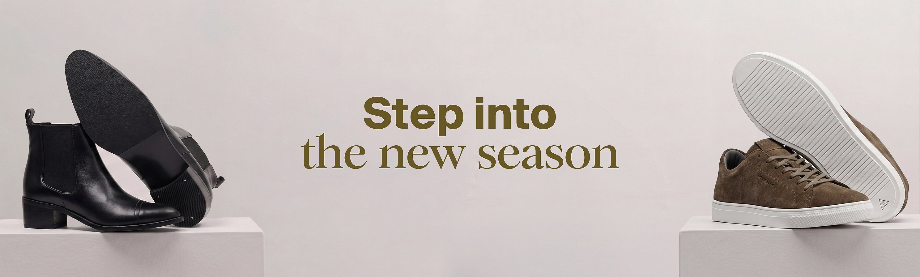 Left: black boot with sole up. Right: brown sneaker with sole up. Text: "Step into the new season. Up to 25% off shoes*".