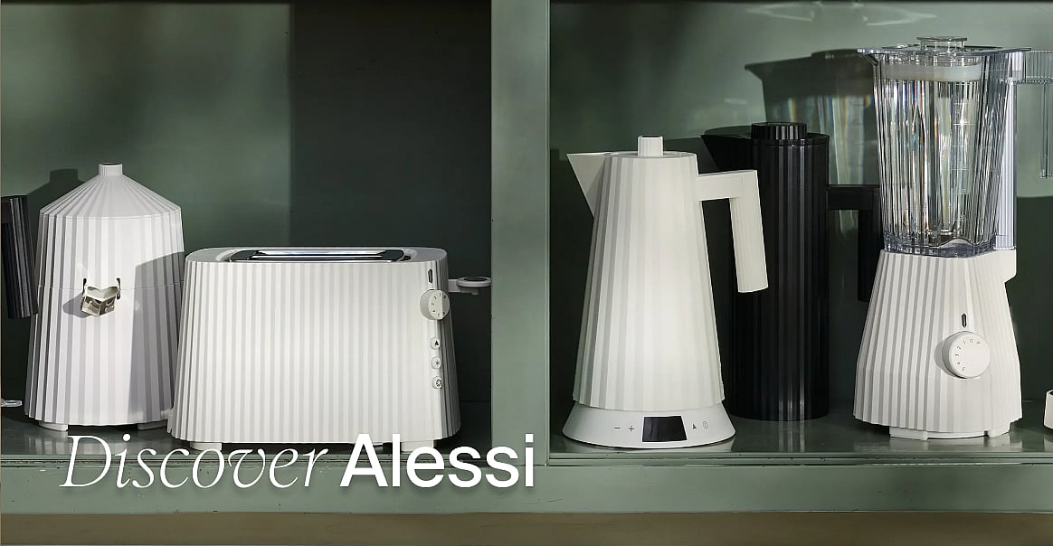 White ribbed kitchen appliances: toaster, kettle, and blender, plus a black thermos, on dark green shelves. Text: "Discover