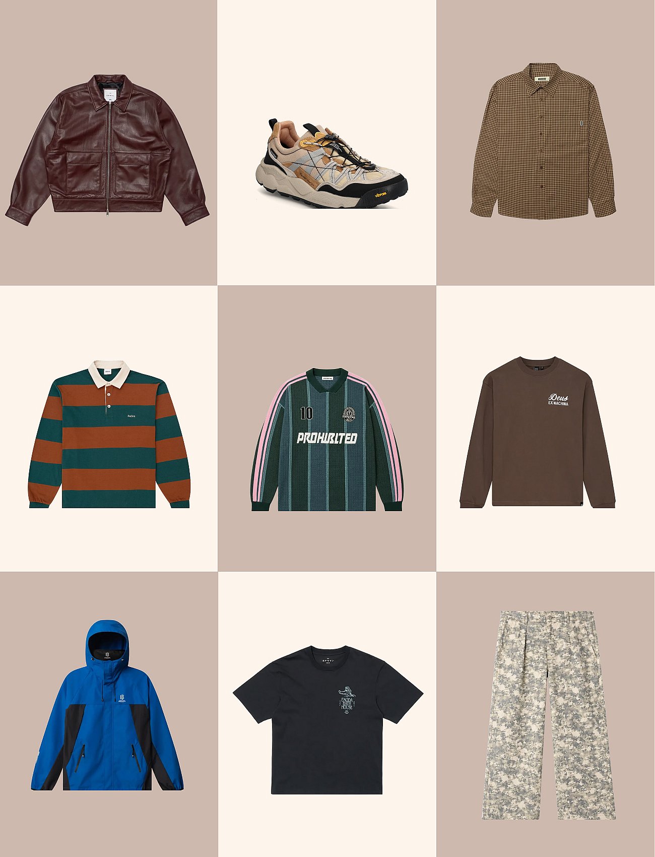Nine apparel items displayed in a grid: jackets, shirts, a sneaker, tees, and camouflage pants.