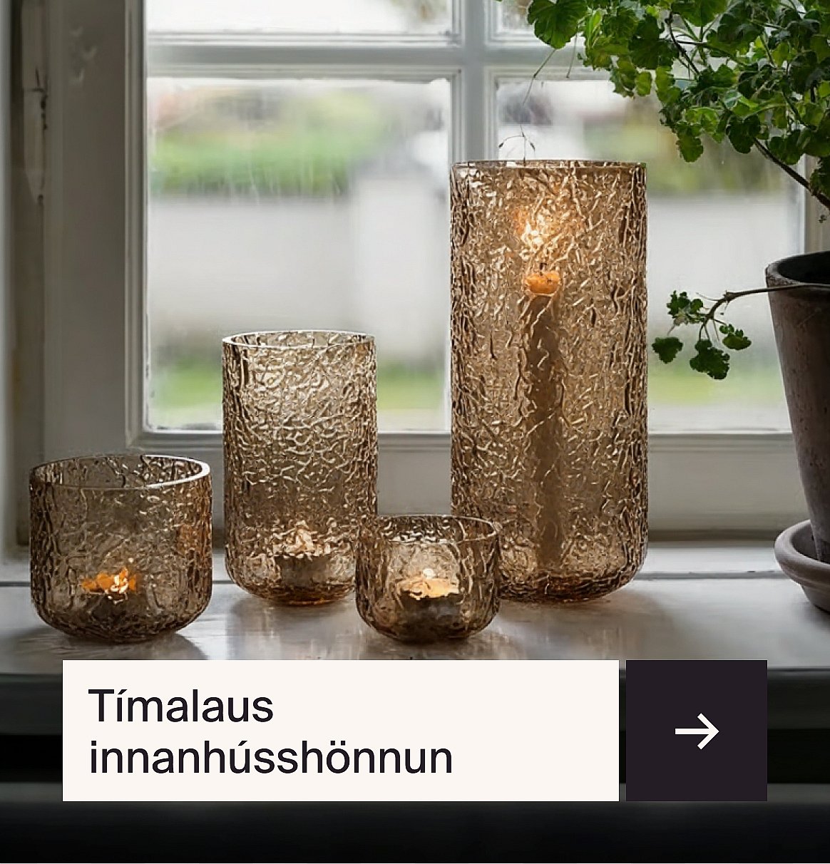 Fjórir áferðaðir ambar-glerkertastakar með kveiktum kertum á gluggakistunni, planta til hægri.